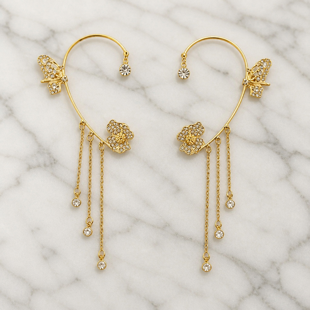 Luméline™ – Sparkling Butterfly Ear Cuffs with Crystal Tassel Chains