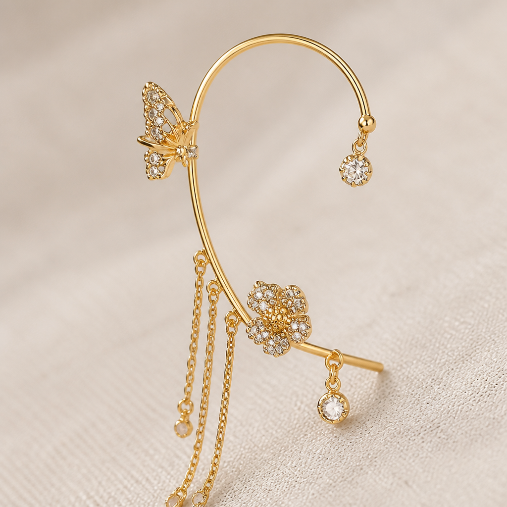 Luméline™ – Sparkling Butterfly Ear Cuffs with Crystal Tassel Chains