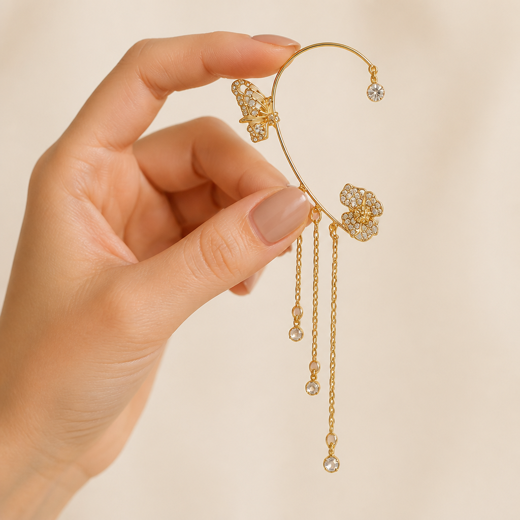 Luméline™ – Sparkling Butterfly Ear Cuffs with Crystal Tassel Chains