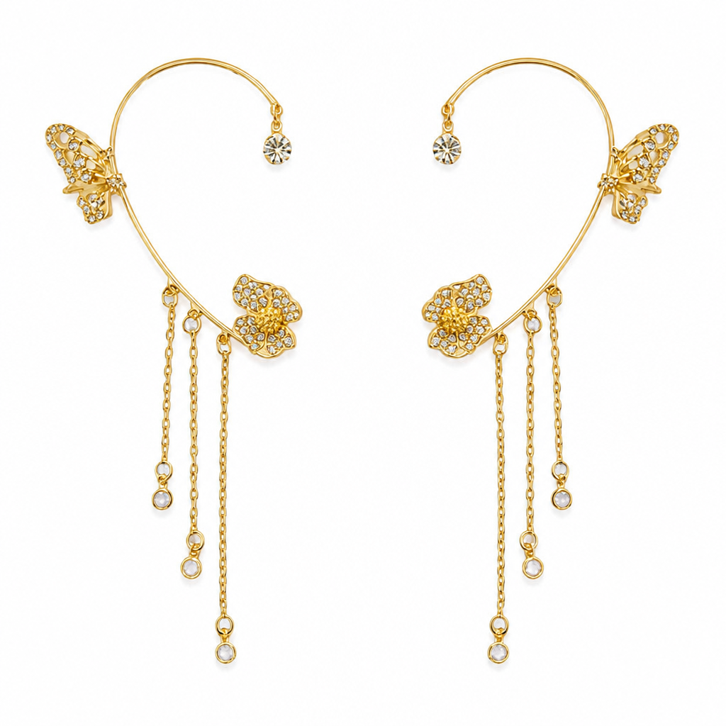 Luméline™ – Sparkling Butterfly Ear Cuffs with Crystal Tassel Chains