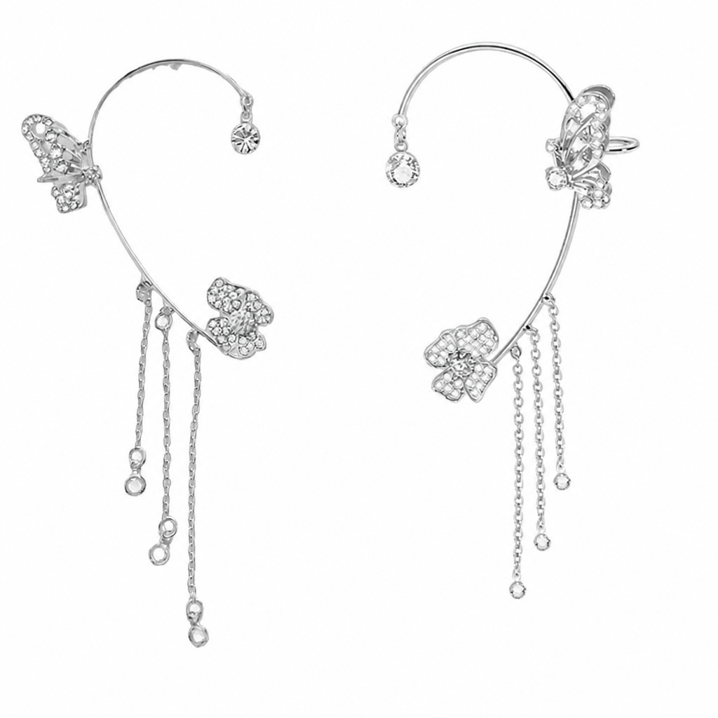 Luméline™ – Sparkling Butterfly Ear Cuffs with Crystal Tassel Chains