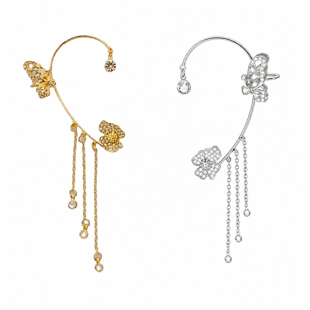 Luméline™ – Sparkling Butterfly Ear Cuffs with Crystal Tassel Chains