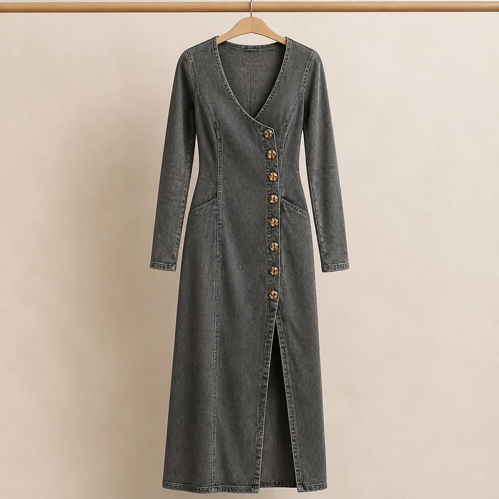 LuxeaSilk™ – Soft Denim V-Neck Maxi Dress with Buttoned Side Slit