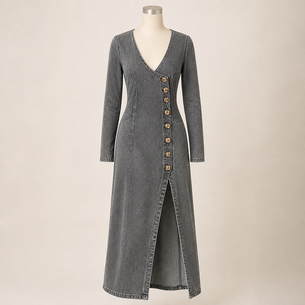 LuxeaSilk™ – Soft Denim V-Neck Maxi Dress with Buttoned Side Slit