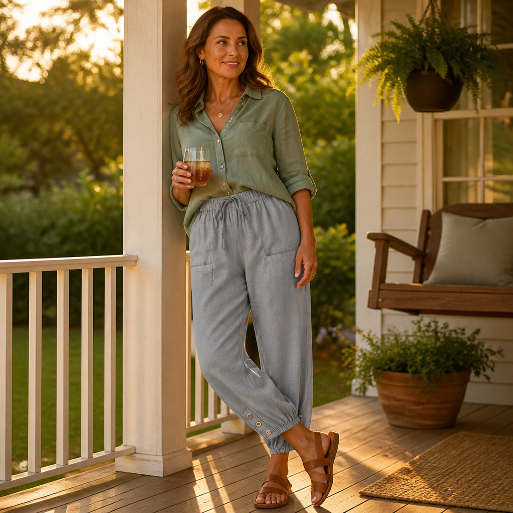 LunaEase™ – Soft Cotton-Linen Cropped Pants with Button-Cuff Hem