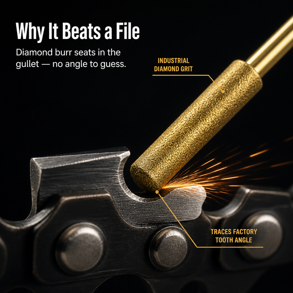 EdgePulse™ — Sharpen Any Chainsaw in 60 Seconds Right on the Bar