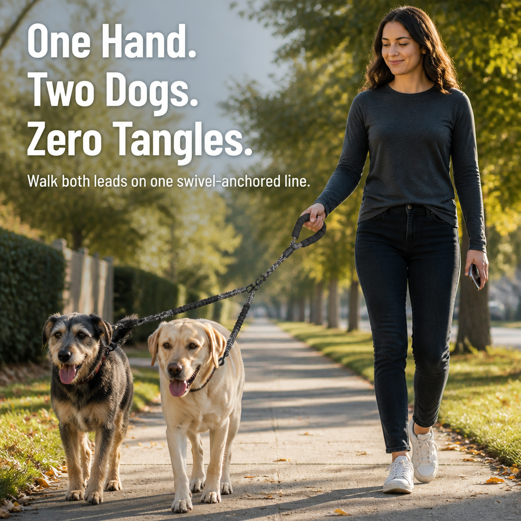DuoStride™ — Walk Two Dogs Without Tangles, Jerks, or Wrist Strain