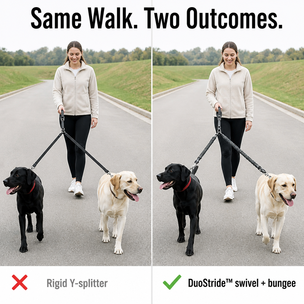 DuoStride™ — Walk Two Dogs Without Tangles, Jerks, or Wrist Strain
