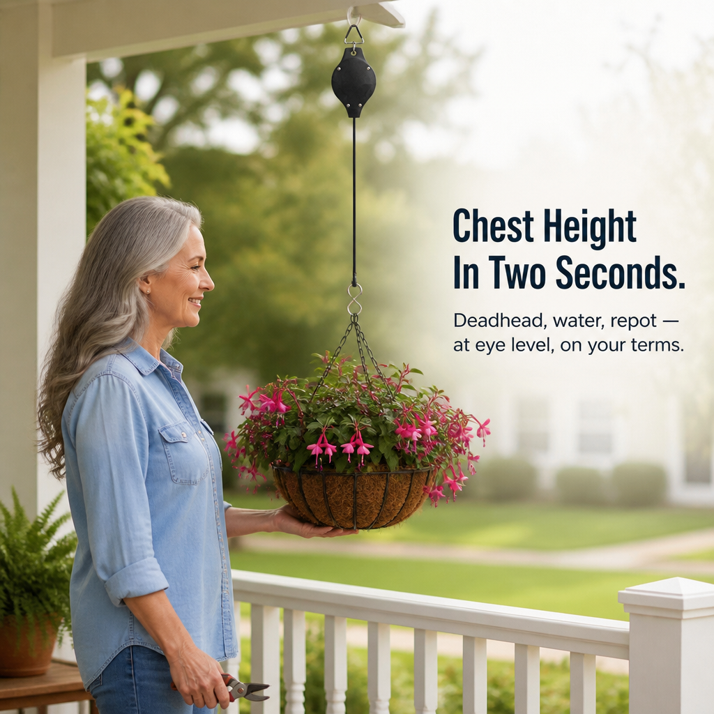 FlexiBloom™ — Lower Hanging Baskets For Easy Watering Without The Ladder