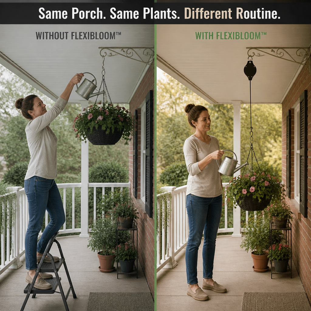 FlexiBloom™ — Lower Hanging Baskets For Easy Watering Without The Ladder