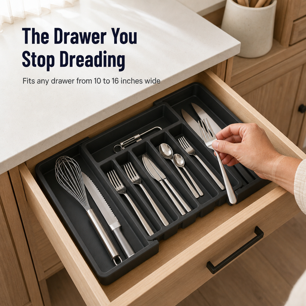 FlowGrid™ — Expand-to-Fit Drawer Organizer That Ends Cutlery Chaos for Good