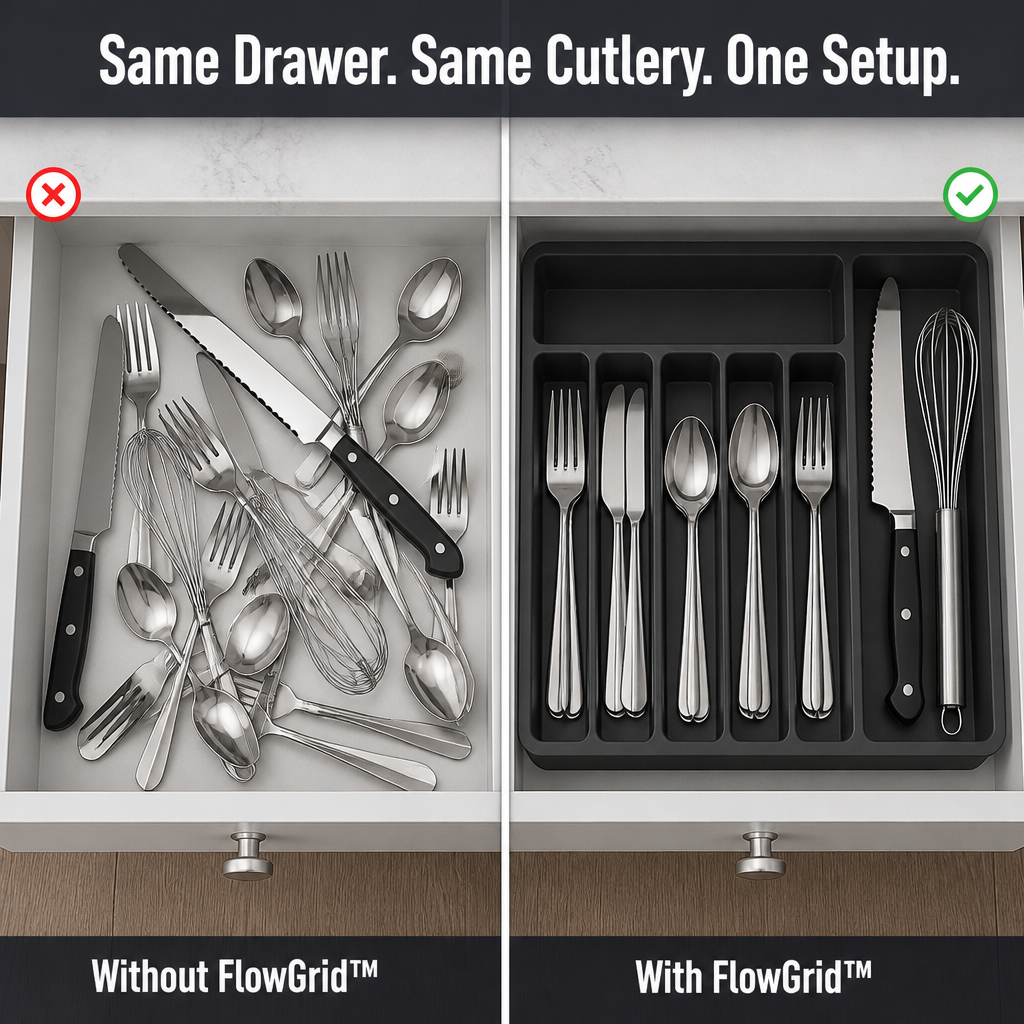 FlowGrid™ — Expand-to-Fit Drawer Organizer That Ends Cutlery Chaos for Good