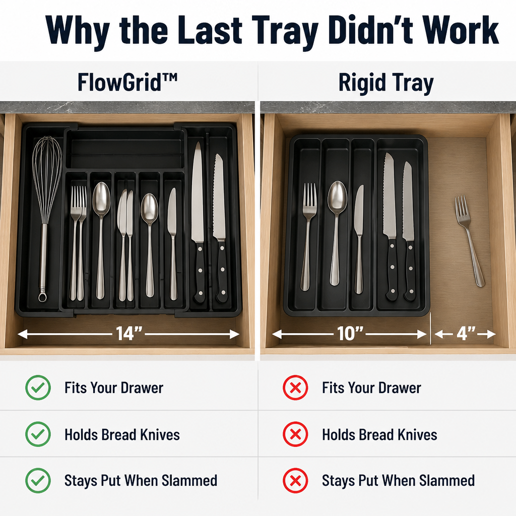 FlowGrid™ — Expand-to-Fit Drawer Organizer That Ends Cutlery Chaos for Good
