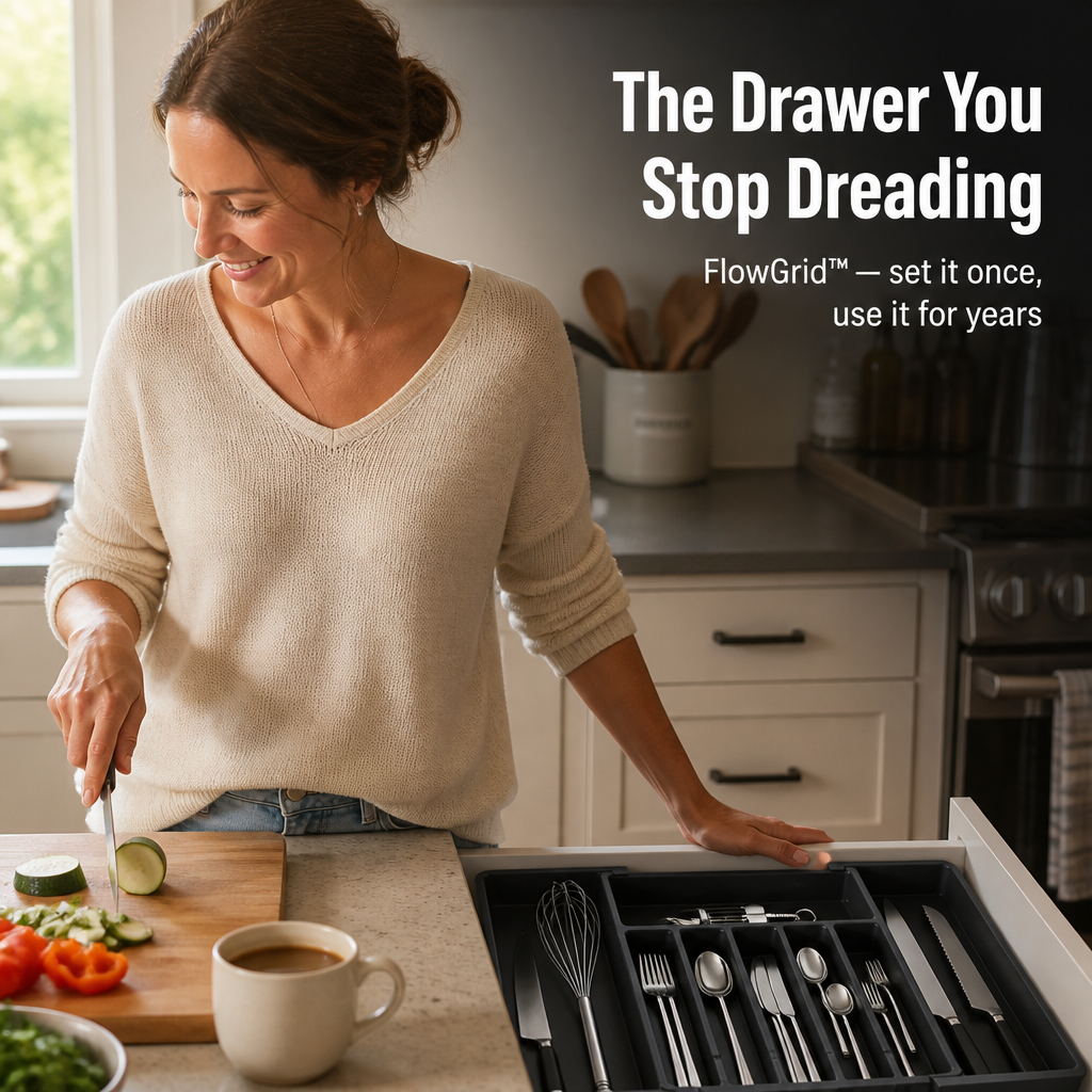 FlowGrid™ — Expand-to-Fit Drawer Organizer That Ends Cutlery Chaos for Good