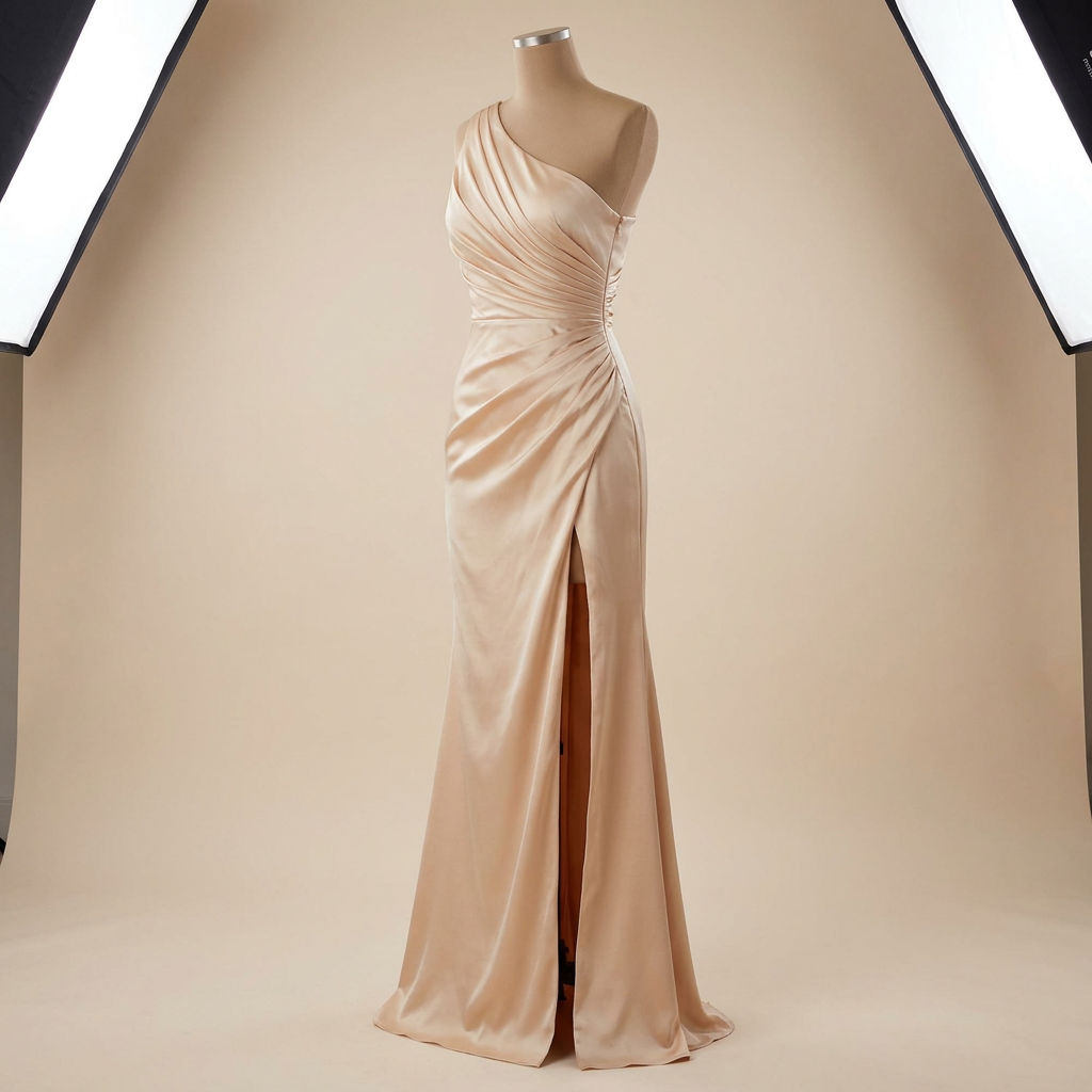 LumeraSilk™ – Elegant One-Shoulder Ruched Satin Maxi with Side Slit