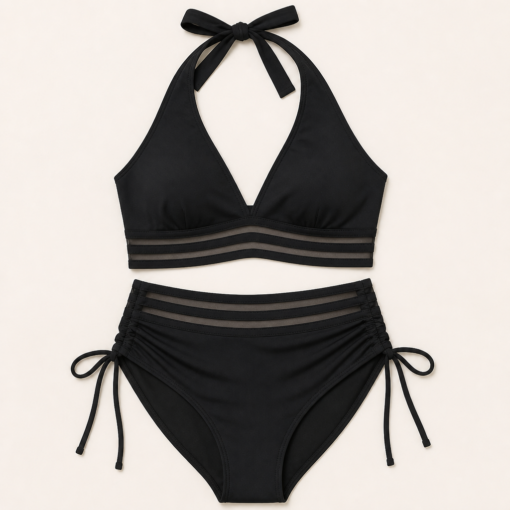Fierza™ – High-Waist Sculpting Bikini Set with Mesh-Stripe Detail