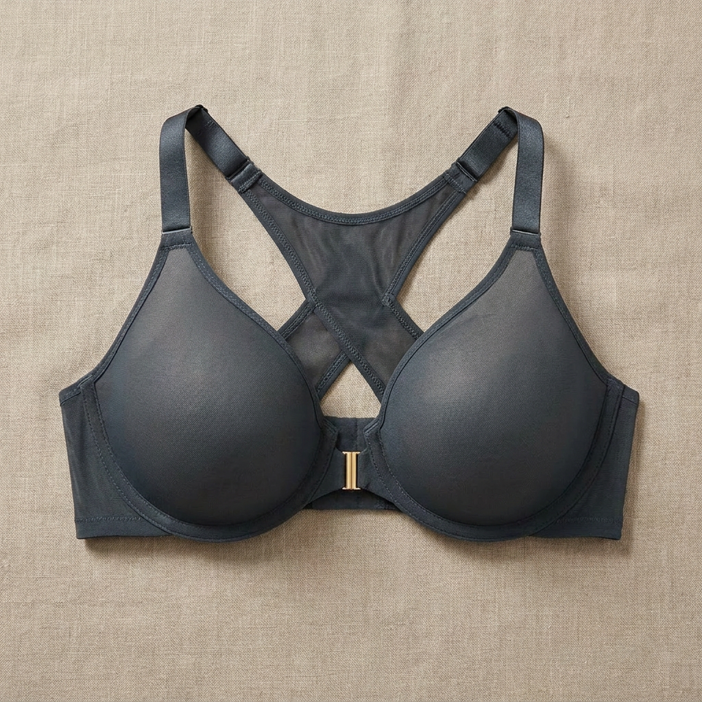 LunaEase™ – Sheer Mesh Front Closure Bra with X-Back Support
