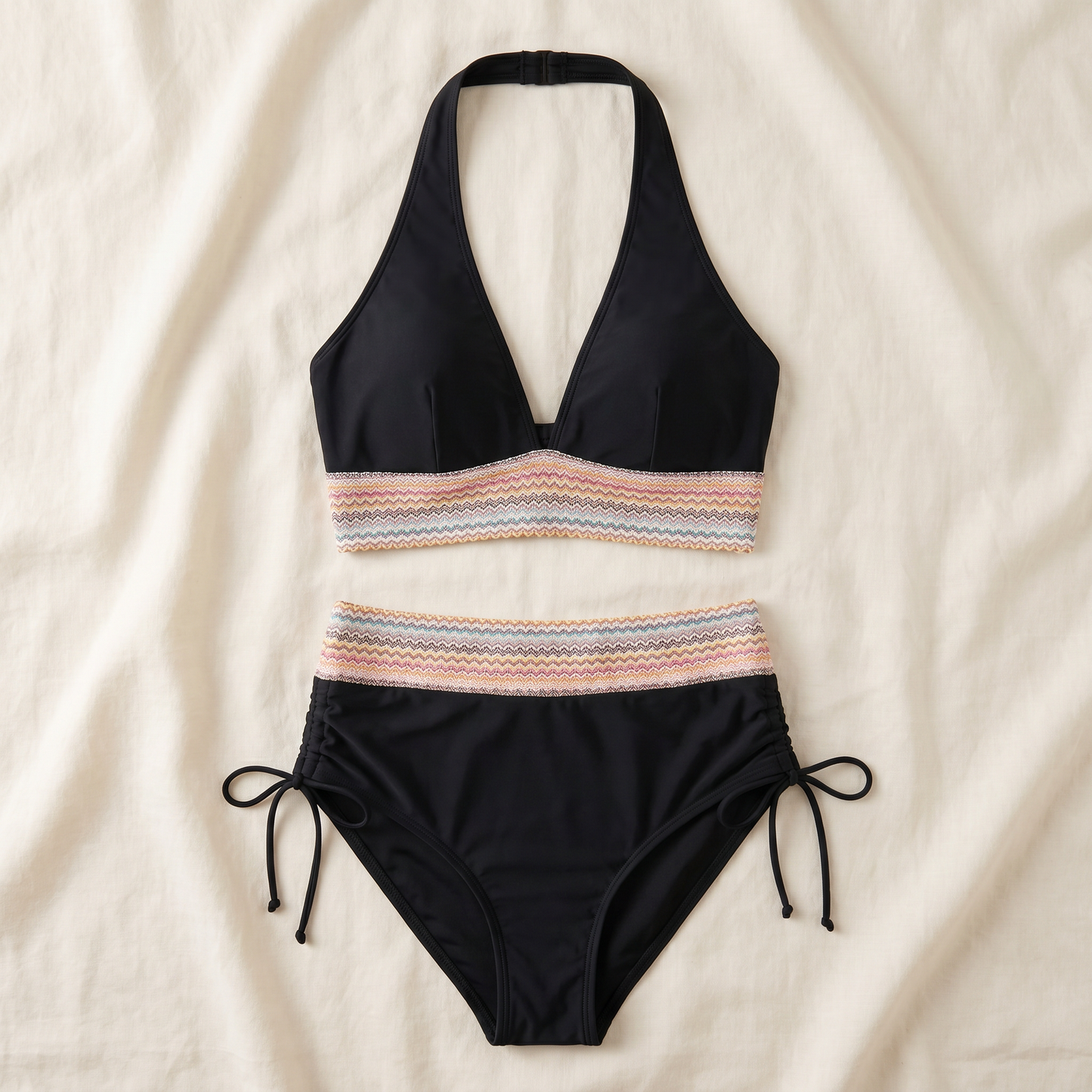 LunaSeam™ – High-Waist Halter Bikini Set with Woven Chevron Band