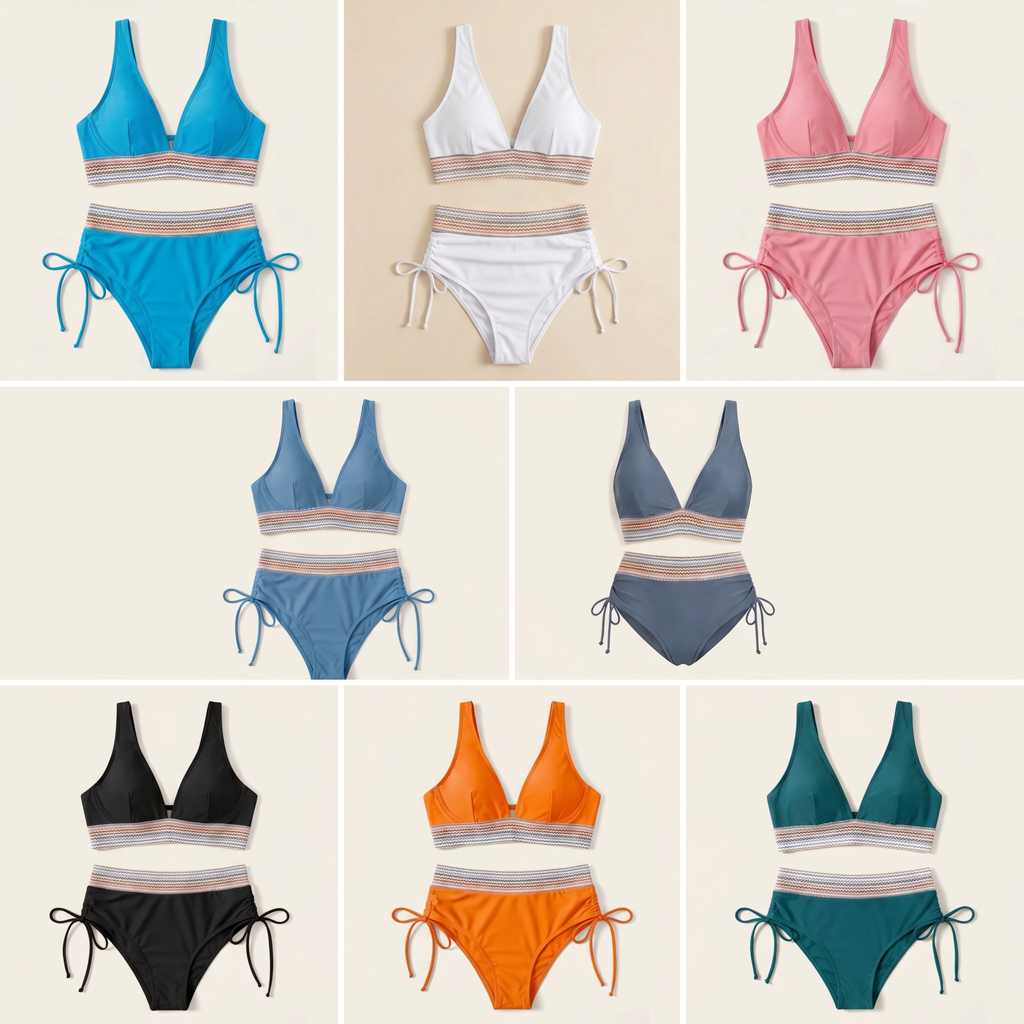 LunaSeam™ – High-Waist Halter Bikini Set with Woven Chevron Band