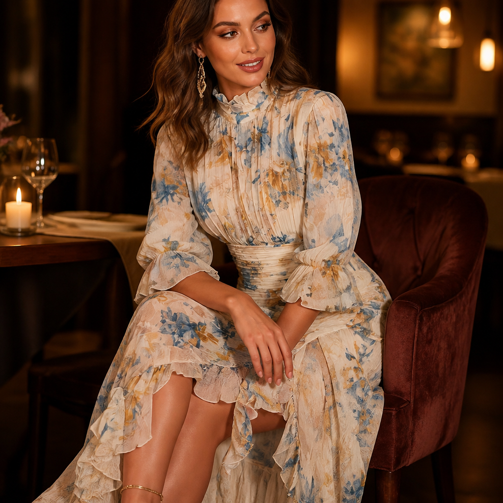 BlossomAura™ – Vintage Floral Maxi Dress with Smocked Waist & Ruffled Hem