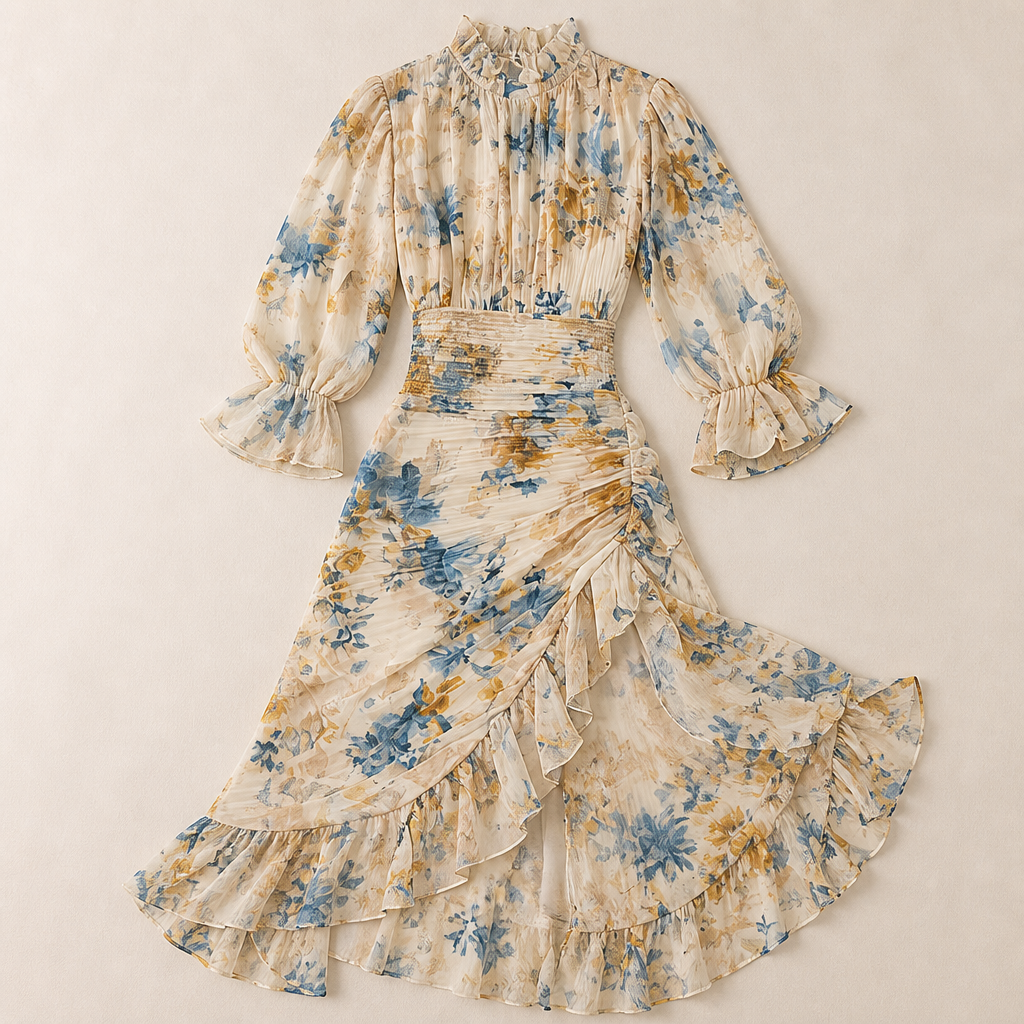 BlossomAura™ – Vintage Floral Maxi Dress with Smocked Waist & Ruffled Hem
