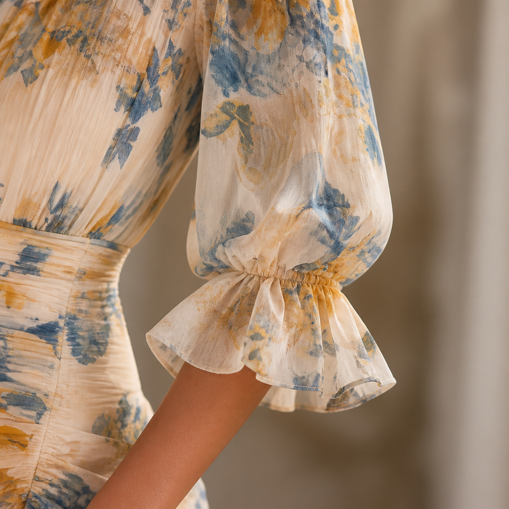 BlossomAura™ – Vintage Floral Maxi Dress with Smocked Waist & Ruffled Hem
