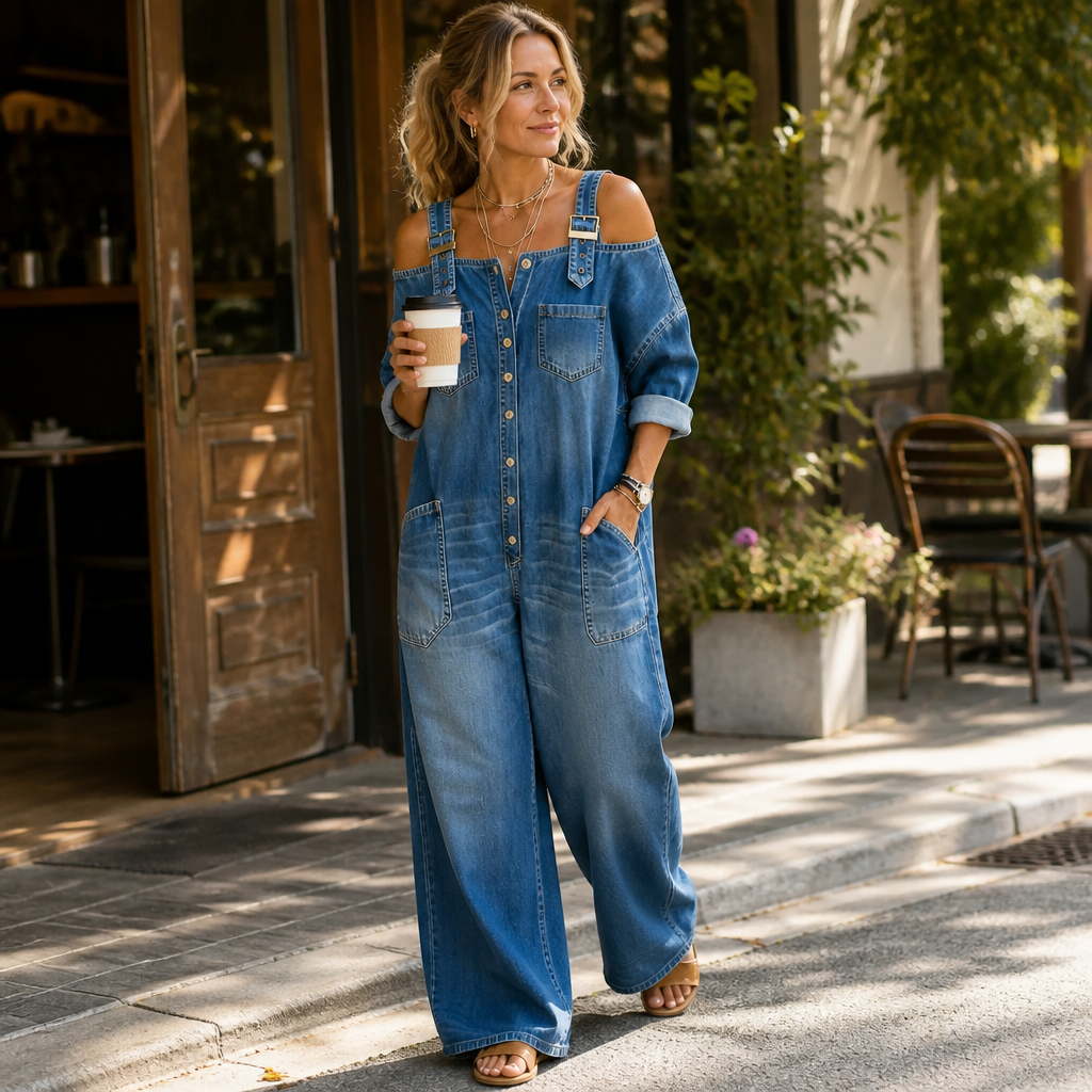 LunaFemme™ – Relaxed Cold-Shoulder Denim Jumpsuit with Gold Buckle Straps