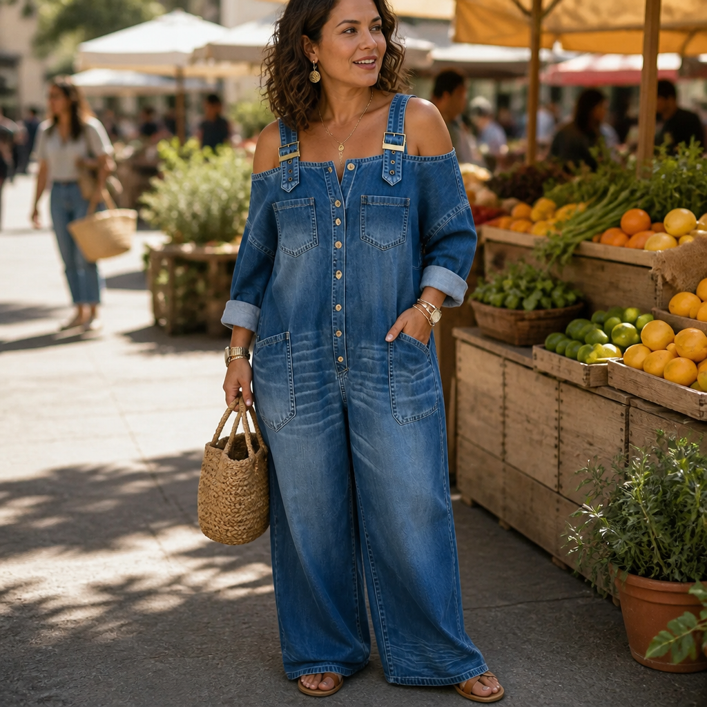 LunaFemme™ – Relaxed Cold-Shoulder Denim Jumpsuit with Gold Buckle Straps
