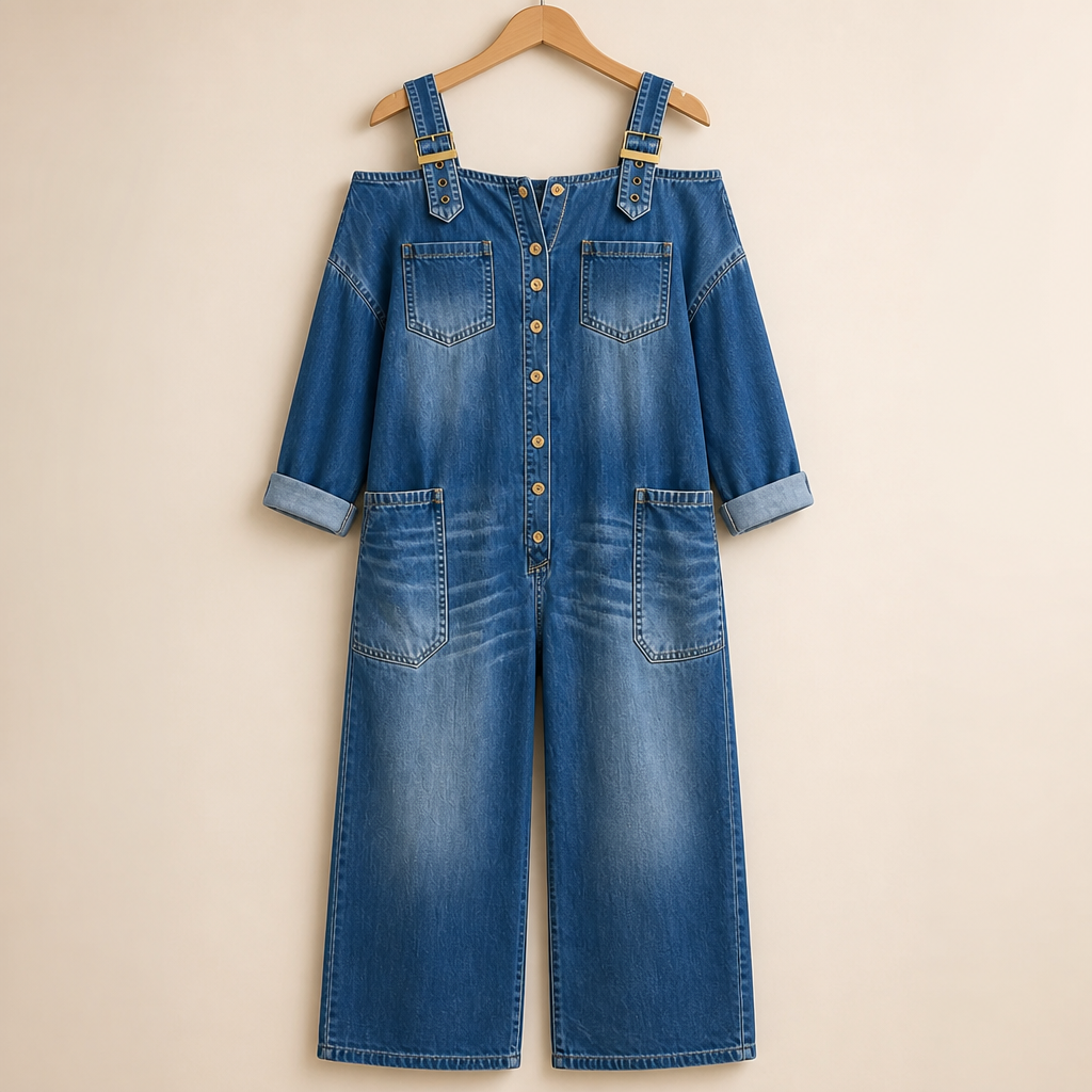 LunaFemme™ – Relaxed Cold-Shoulder Denim Jumpsuit with Gold Buckle Straps
