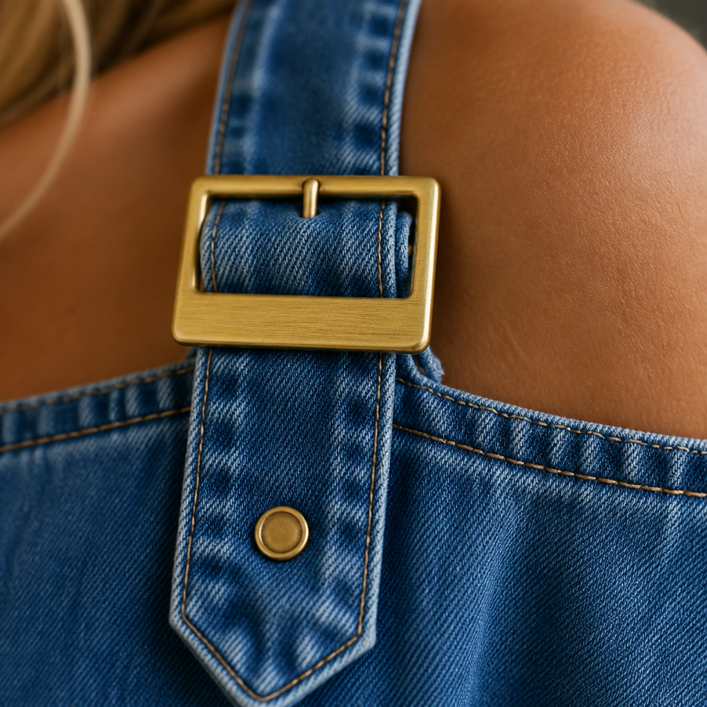 LunaFemme™ – Relaxed Cold-Shoulder Denim Jumpsuit with Gold Buckle Straps