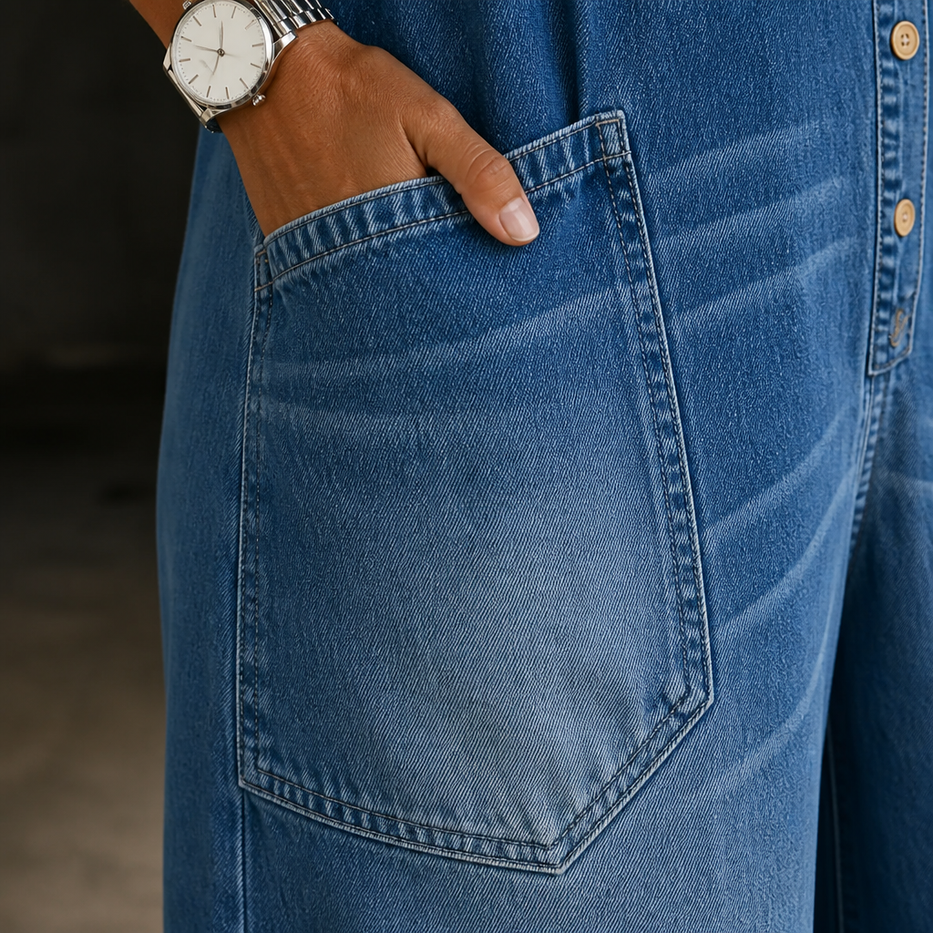 LunaFemme™ – Relaxed Cold-Shoulder Denim Jumpsuit with Gold Buckle Straps