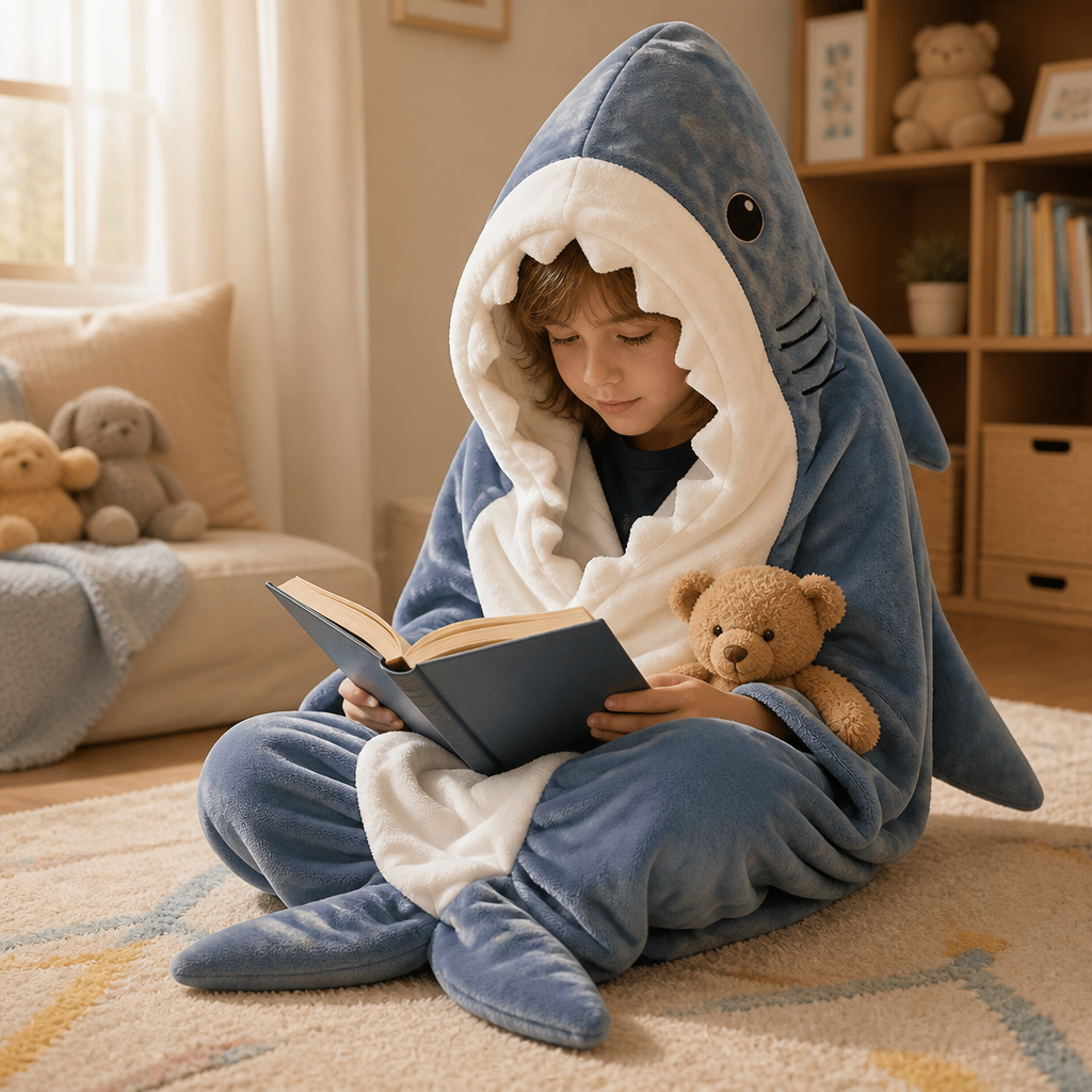 AquaSnug™ – Hooded Shark Flannel Sleeping-Bag Blanket