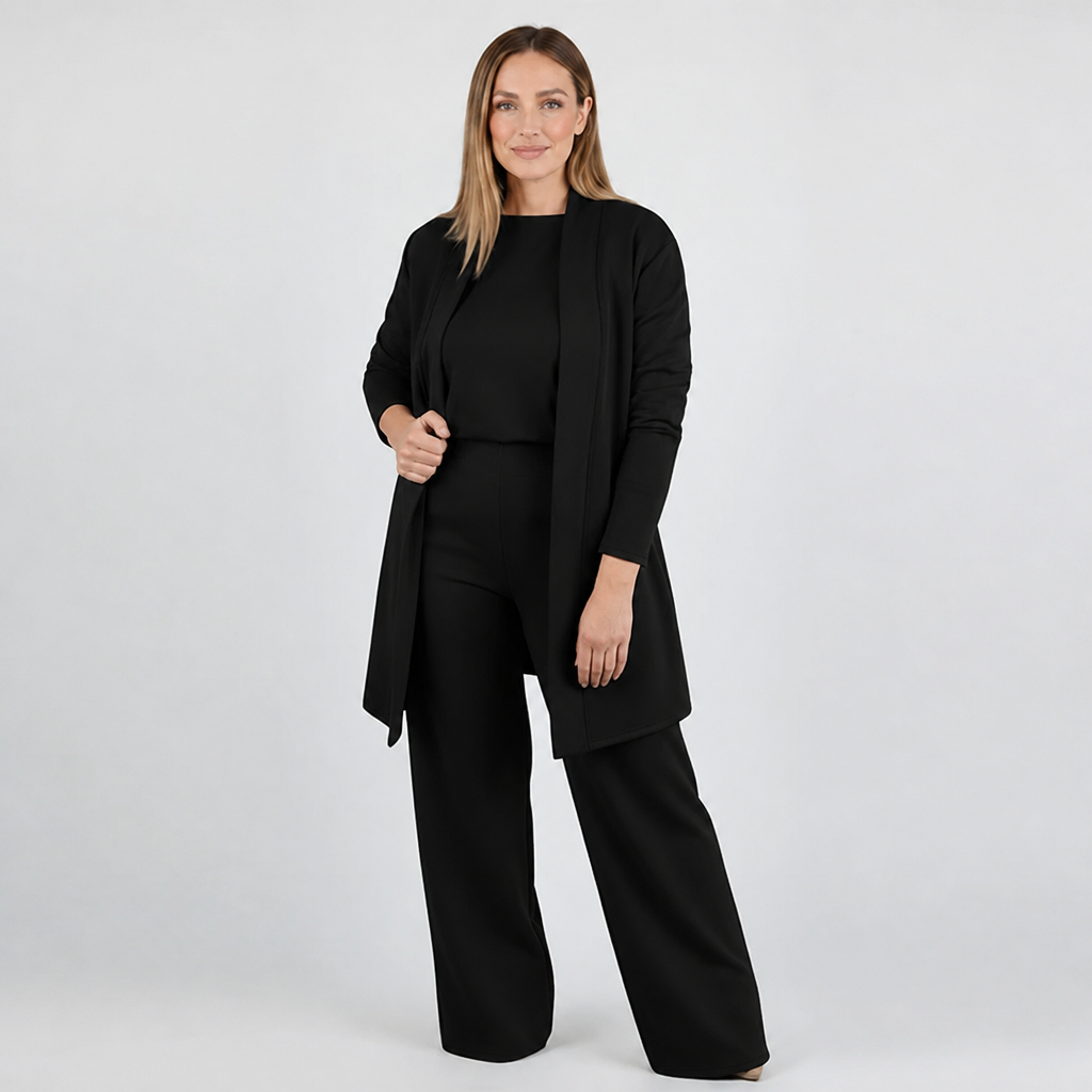 LuxeAura™ – Elegant 3-Piece Lounge Set with Long Open Cardigan