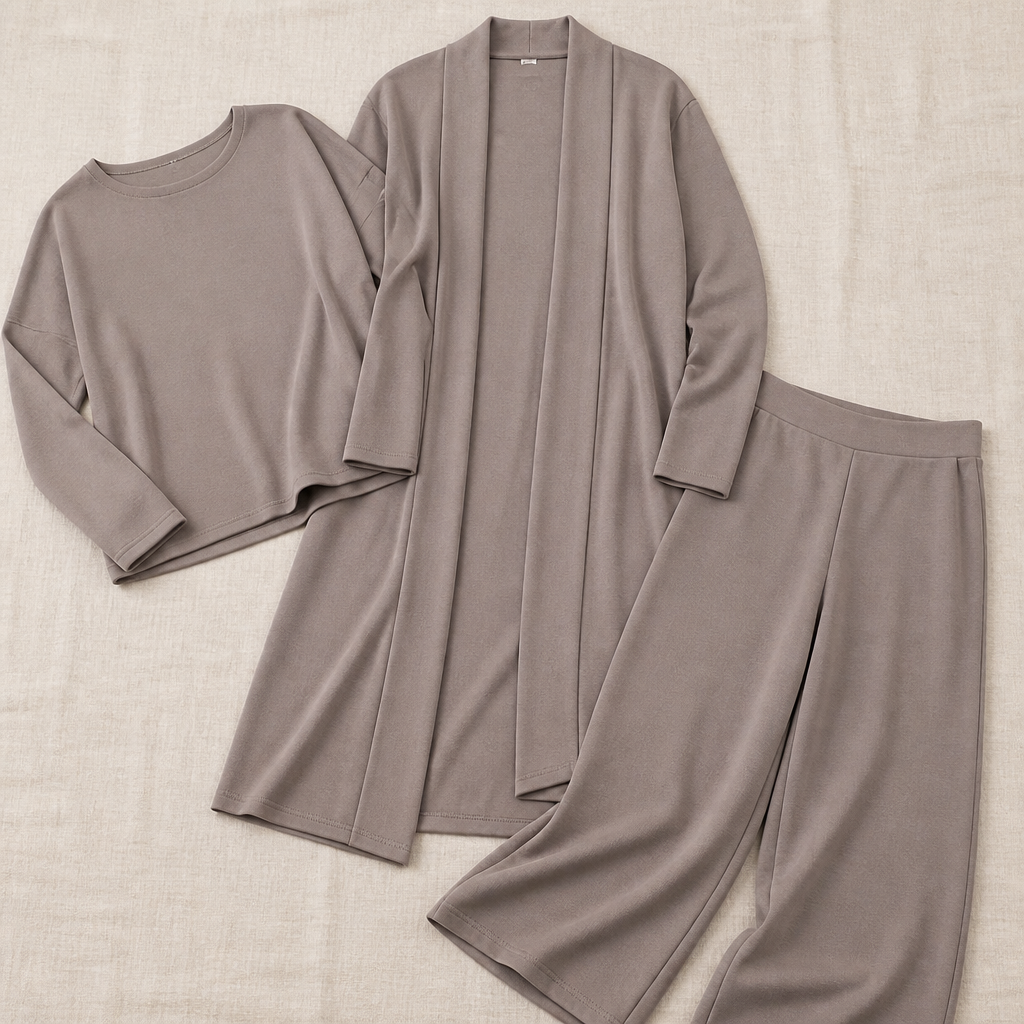 LuxeAura™ – Elegant 3-Piece Lounge Set with Long Open Cardigan