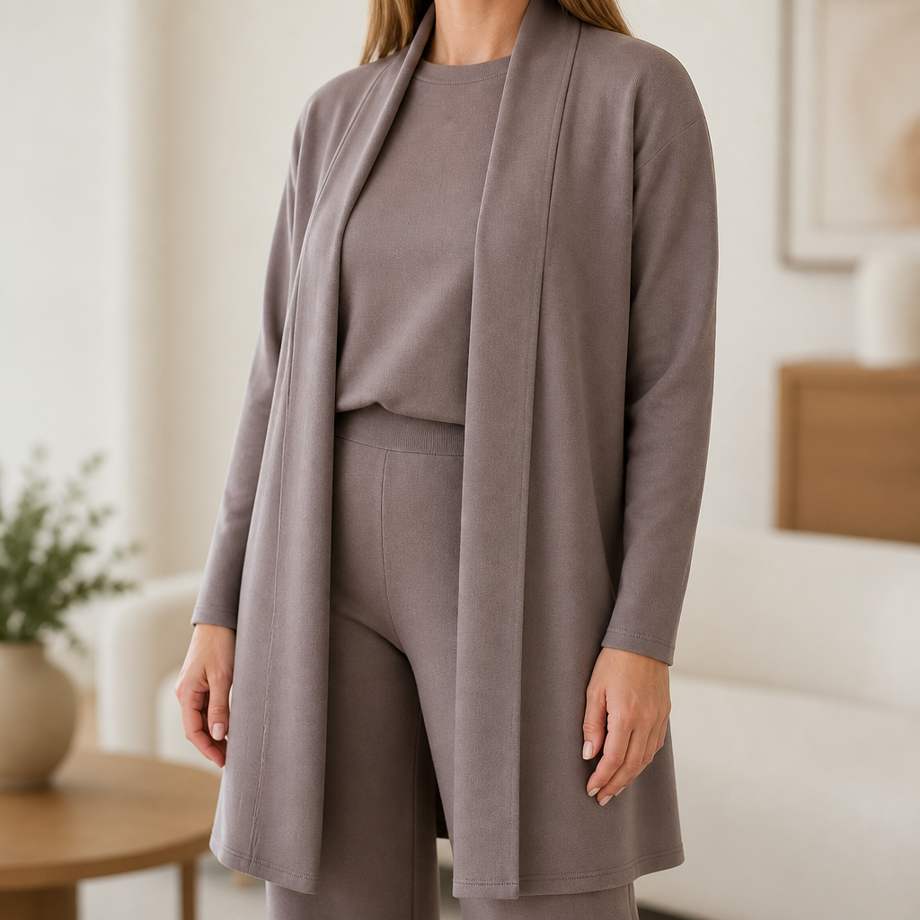LuxeAura™ – Elegant 3-Piece Lounge Set with Long Open Cardigan