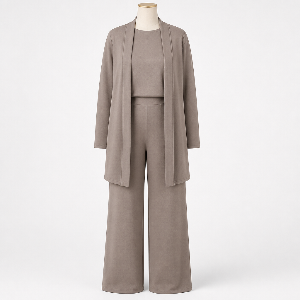 LuxeAura™ – Elegant 3-Piece Lounge Set with Long Open Cardigan