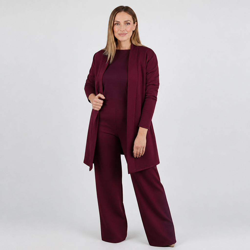 LuxeAura™ – Elegant 3-Piece Lounge Set with Long Open Cardigan