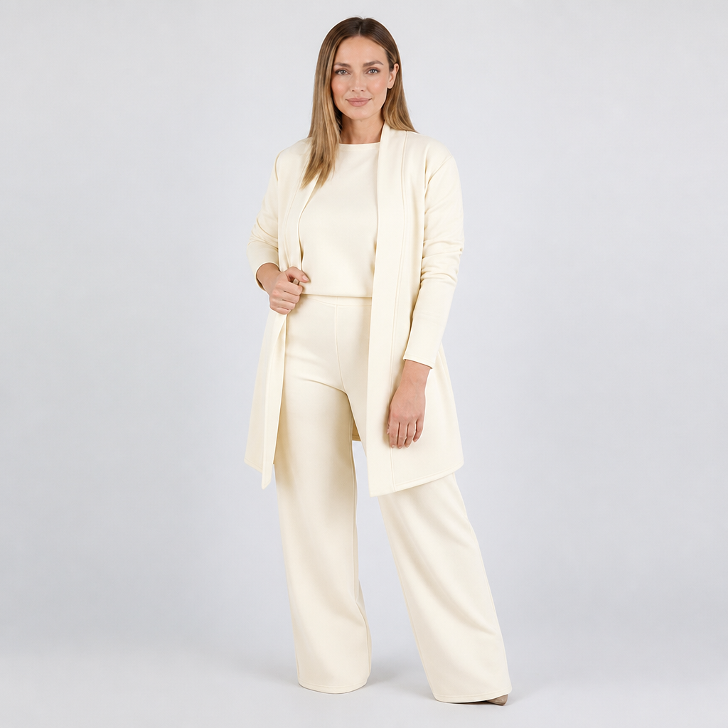 LuxeAura™ – Elegant 3-Piece Lounge Set with Long Open Cardigan