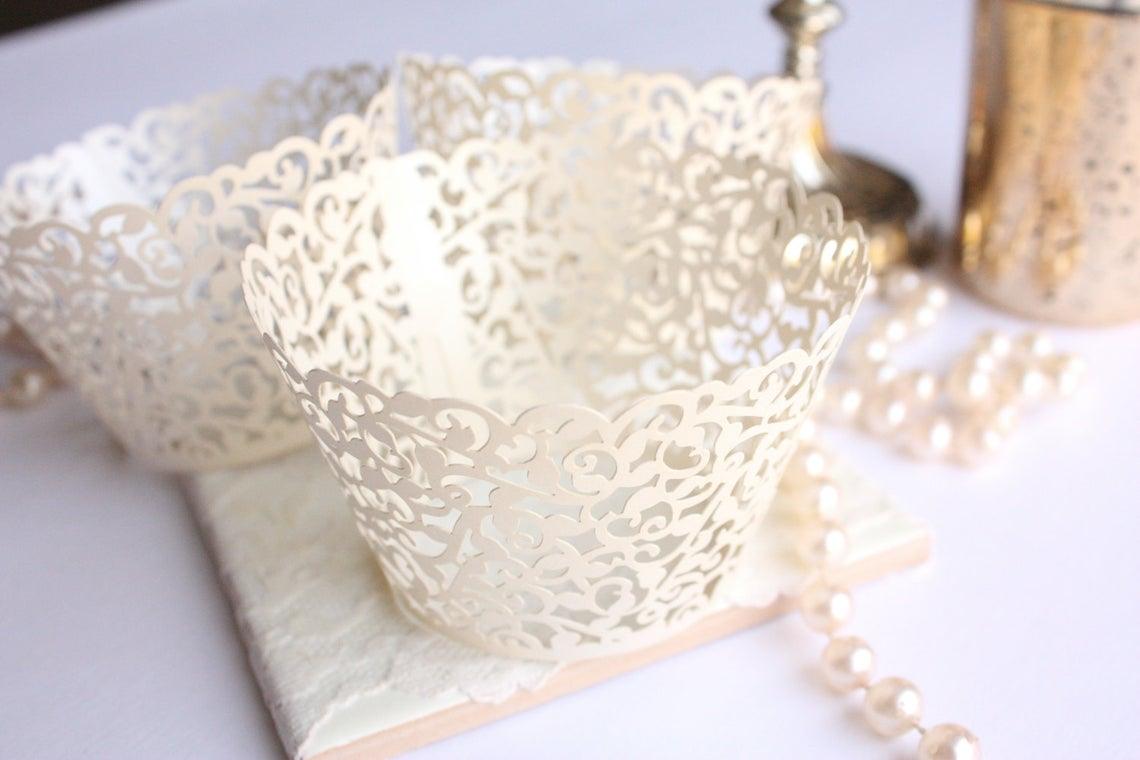 Ivory Lace Filigree Cupcake Wrappers for Cupcakes, Shimmer Ivory/Off White Laser Cut Lace Cupcake Liners - Lasercutwraps Shop