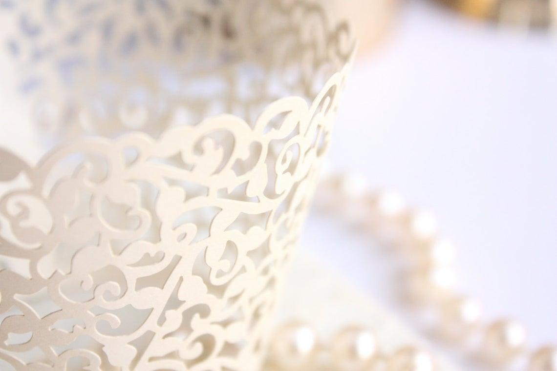 Ivory Lace Filigree Cupcake Wrappers for Cupcakes, Shimmer Ivory/Off White Laser Cut Lace Cupcake Liners - Lasercutwraps Shop