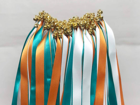 Elegant Teal Orange and White Wedding Ribbon Wands with Gold Bells