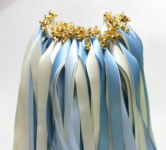 Dusty Blue and Ivory Wedding Ribbon Wands with Gold Bells