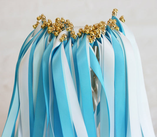 Aqua Blue and White Wedding Ribbon Wands with Gold Bells