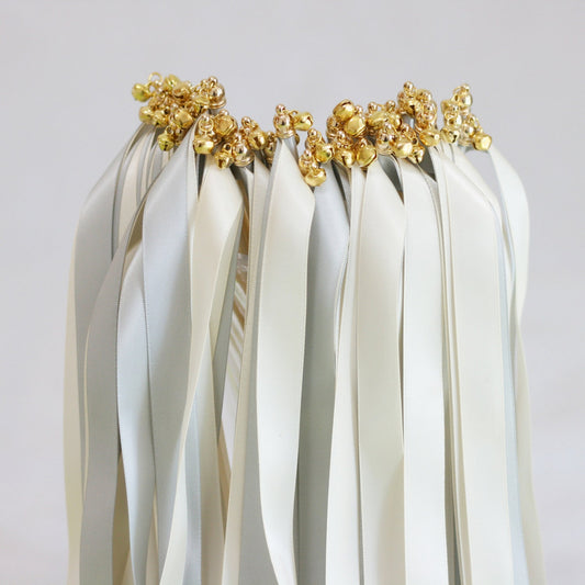 Ivory & Gray Wedding Ribbon Wands with Gold Bells for Ceremony Exit
