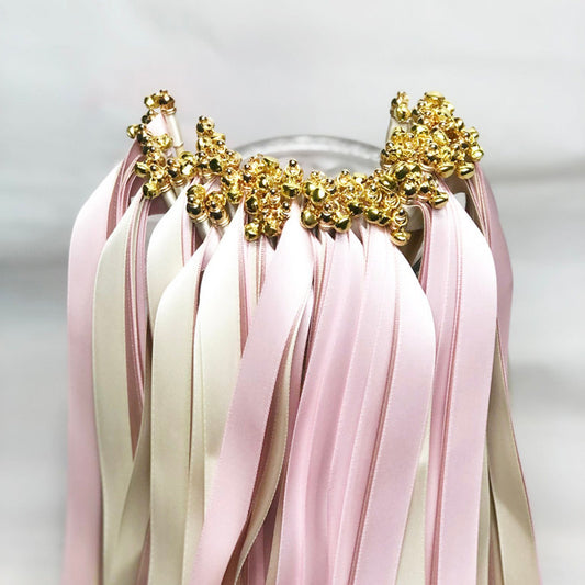 Blush Pink and Ivory Wedding Ribbon Wands with Gold Bells