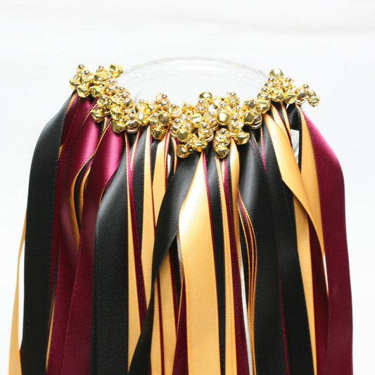 Burgundy Black and Gold Wedding Ribbon Wands with Gold Bells