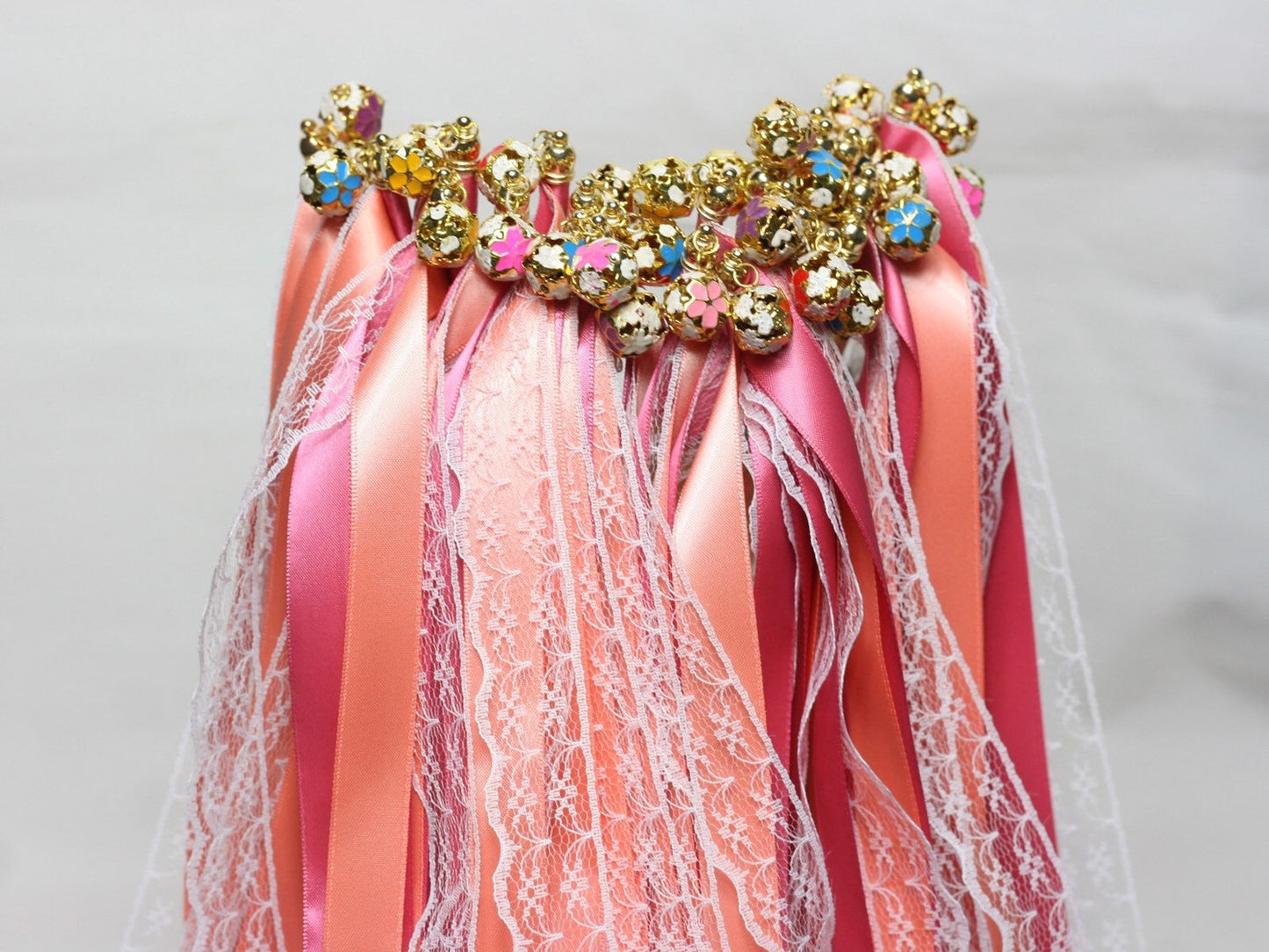 Romantic Pink Lace Wedding Ribbon Wands with Floral Gold Bells