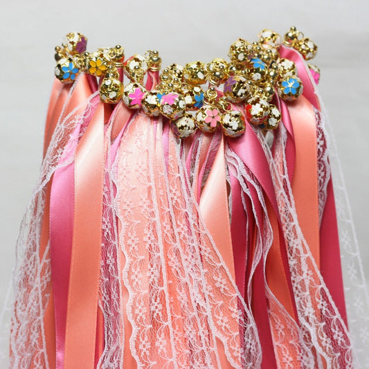 Romantic Pink Lace Wedding Ribbon Wands with Floral Gold Bells