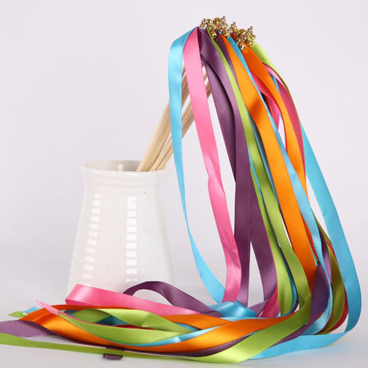 Colorful Wedding Ribbon Wands with Gold Bells