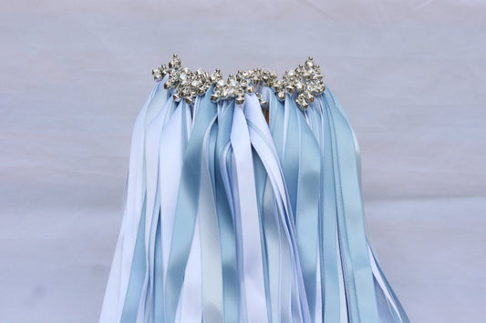 Elegant Dusty Blue and White Wedding Ribbon Wands with Silver Bells